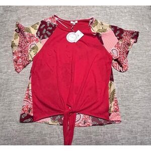 Umgee USA Patchwork Paisley Tie Front Top Red Multicolor Boho‎ Blouse Size M NWT
